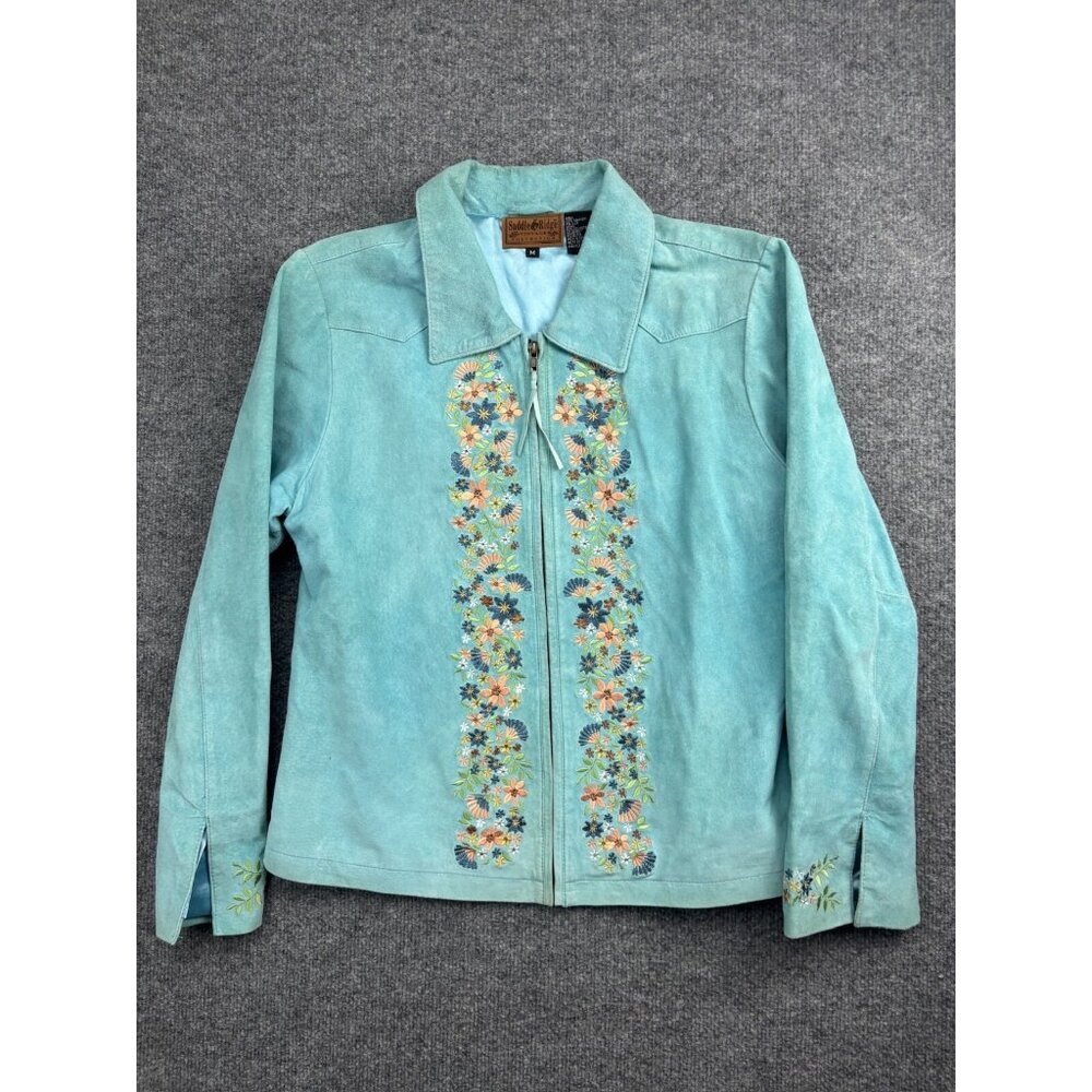 Saddle Ridge Vintage‎ Collection 100% Leather Jacket Women's M Blue Floral Zip